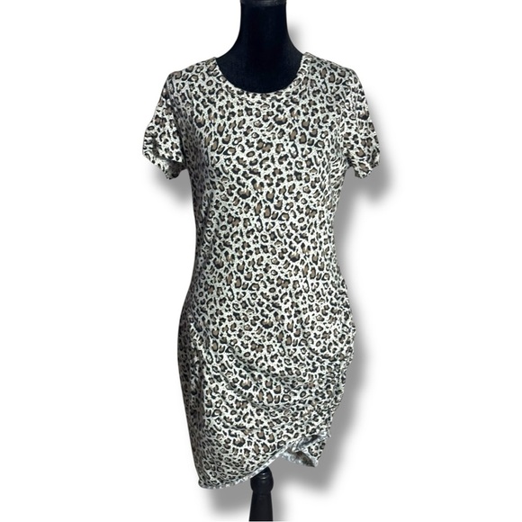 LA MIEL Brown/Black/White Leopard Print Bodycon Side Rouching T-Shirt Mini Dress - Picture 1 of 16
